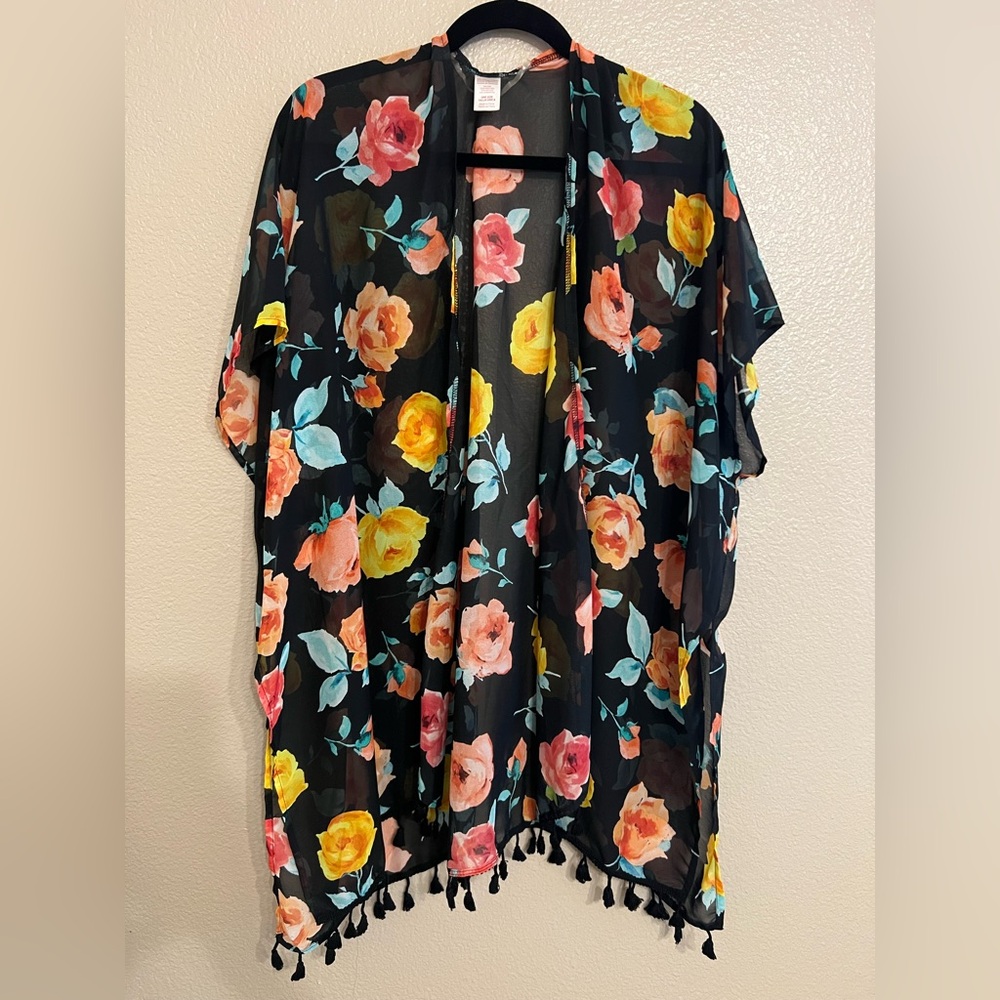 Black and Multicolor Floral Kimono with Tassels